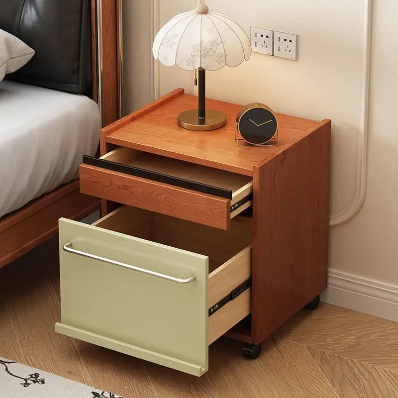 Mid-Century Modern Mobile Nightstand — Solid Wood Bedside Table with Rolling Storage