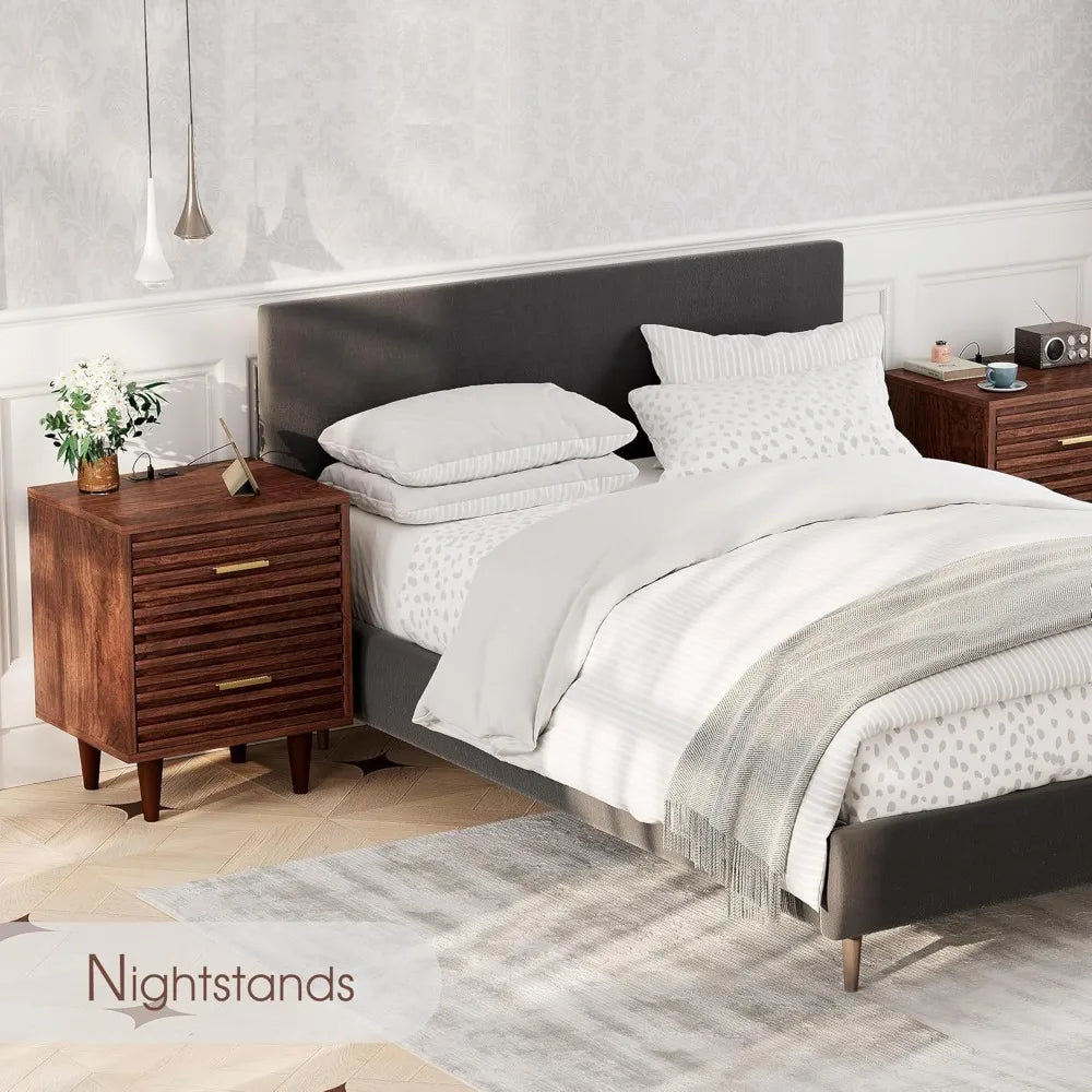 Night Stand with Charging Station Set of 2, Side Table with 2 Drawers, Mid Century Modern End Table with Storage, Bedside Table