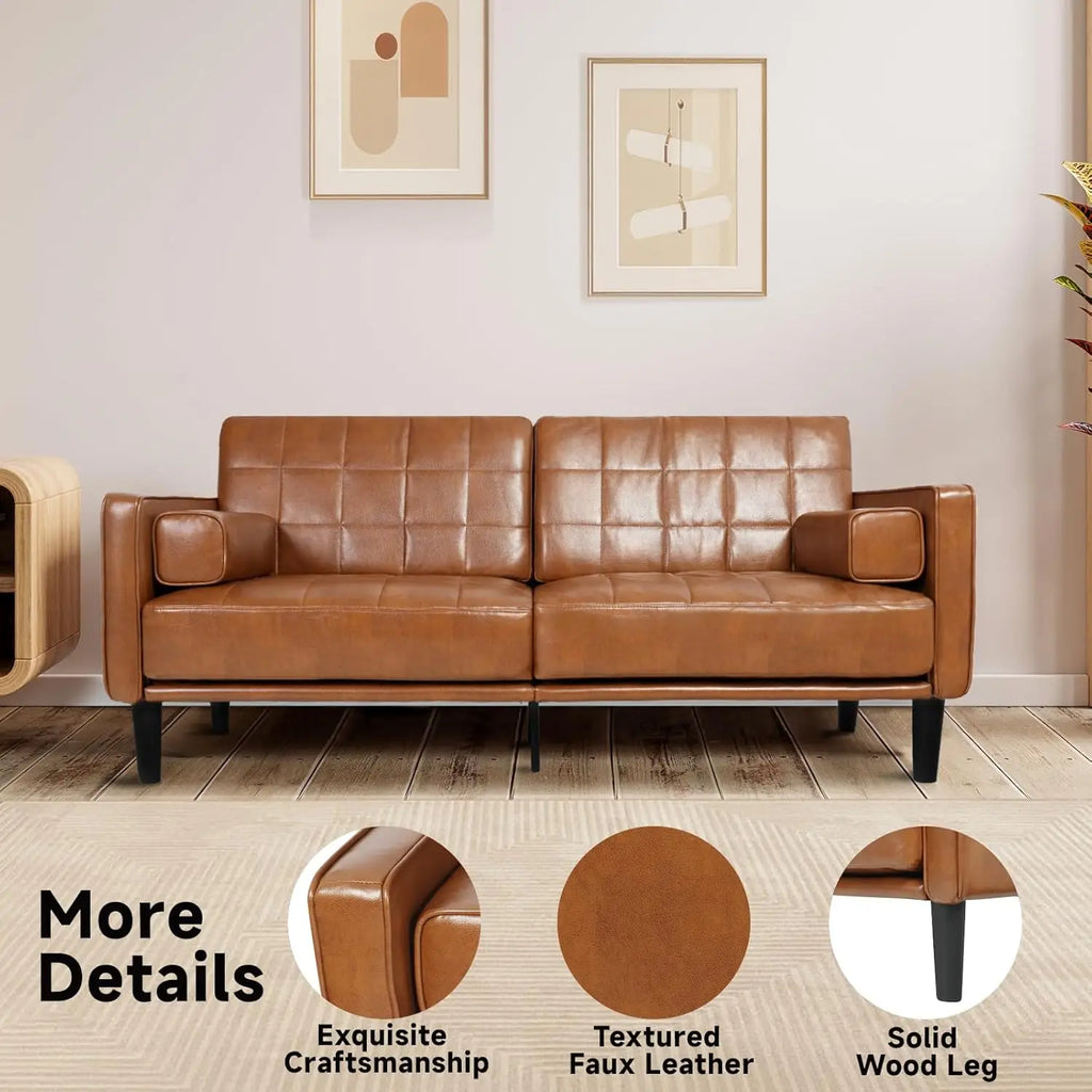 The "Draper" Mid-Century Modern Tufted Sofa | 70" Faux Leather Loveseat | Cognac Brown