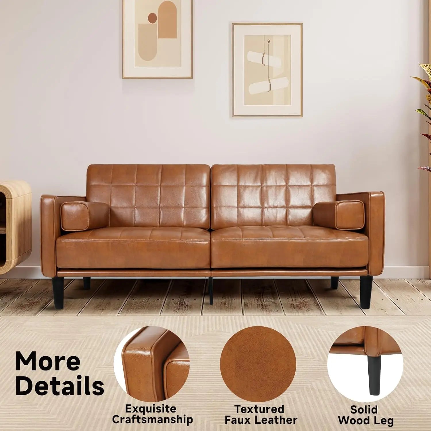 The "Draper" Mid-Century Modern Tufted Sofa | 70" Faux Leather Loveseat | Cognac Brown
