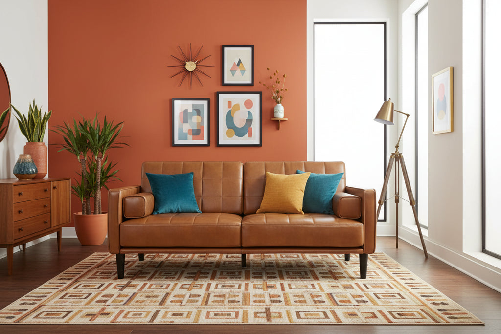 The "Draper" Mid-Century Modern Tufted Sofa | 70" Faux Leather Loveseat | Cognac Brown