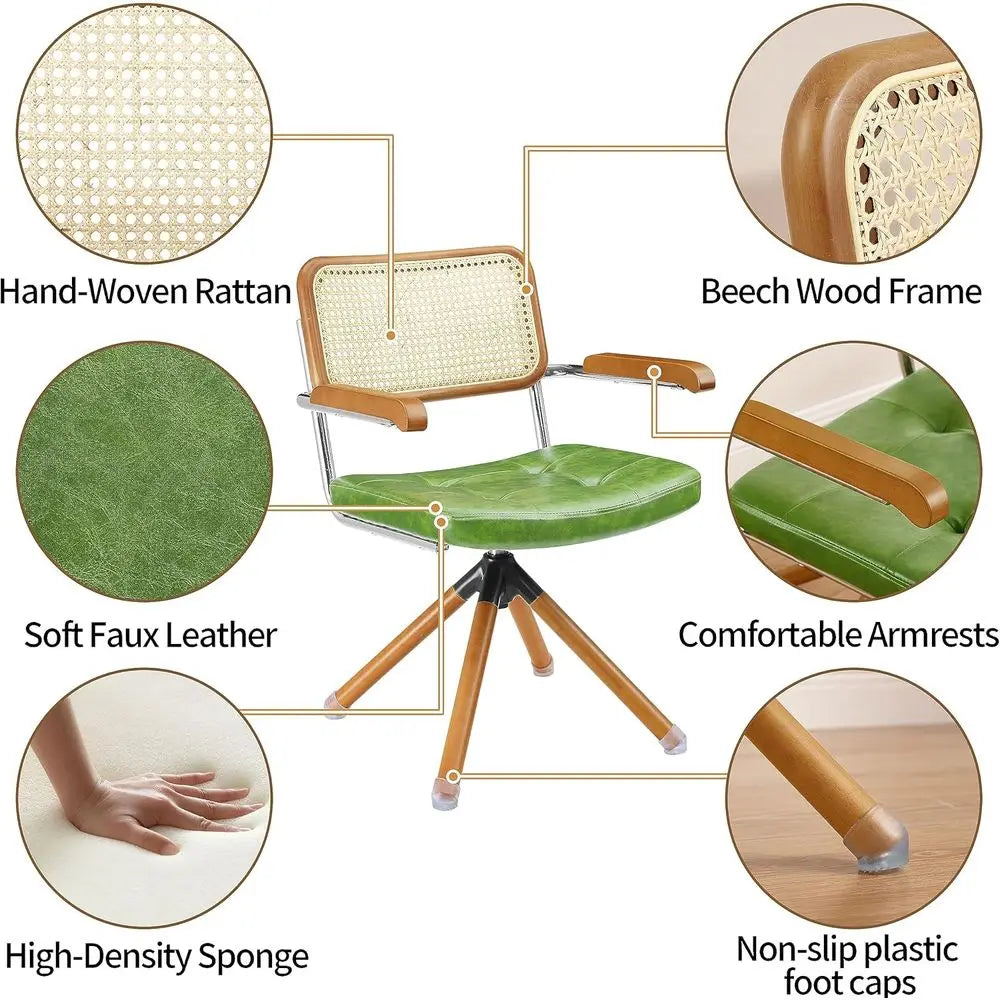 Mid-Century Modern Rattan Swivel Chairs - Set of 2, Green Faux Leather