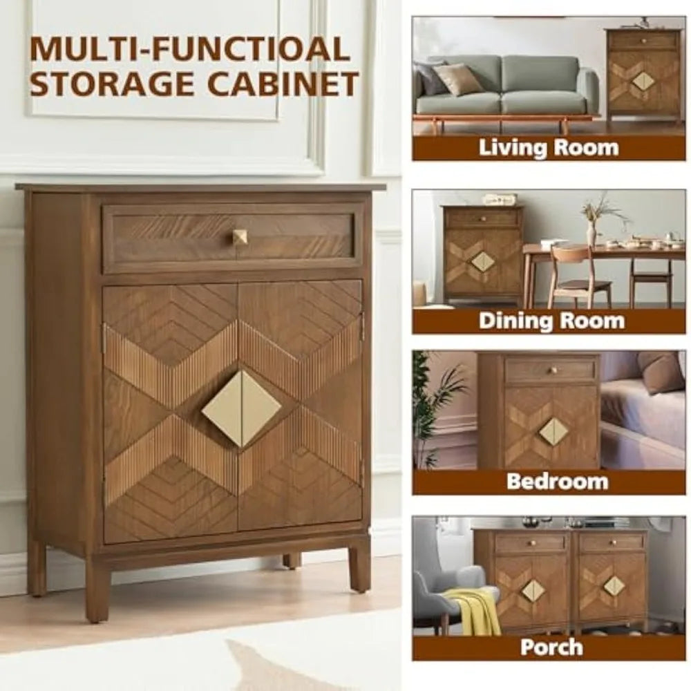 Mid-Century Modern Accent Cabinet with Drawer and Doors – Geometric Inlay Sideboard