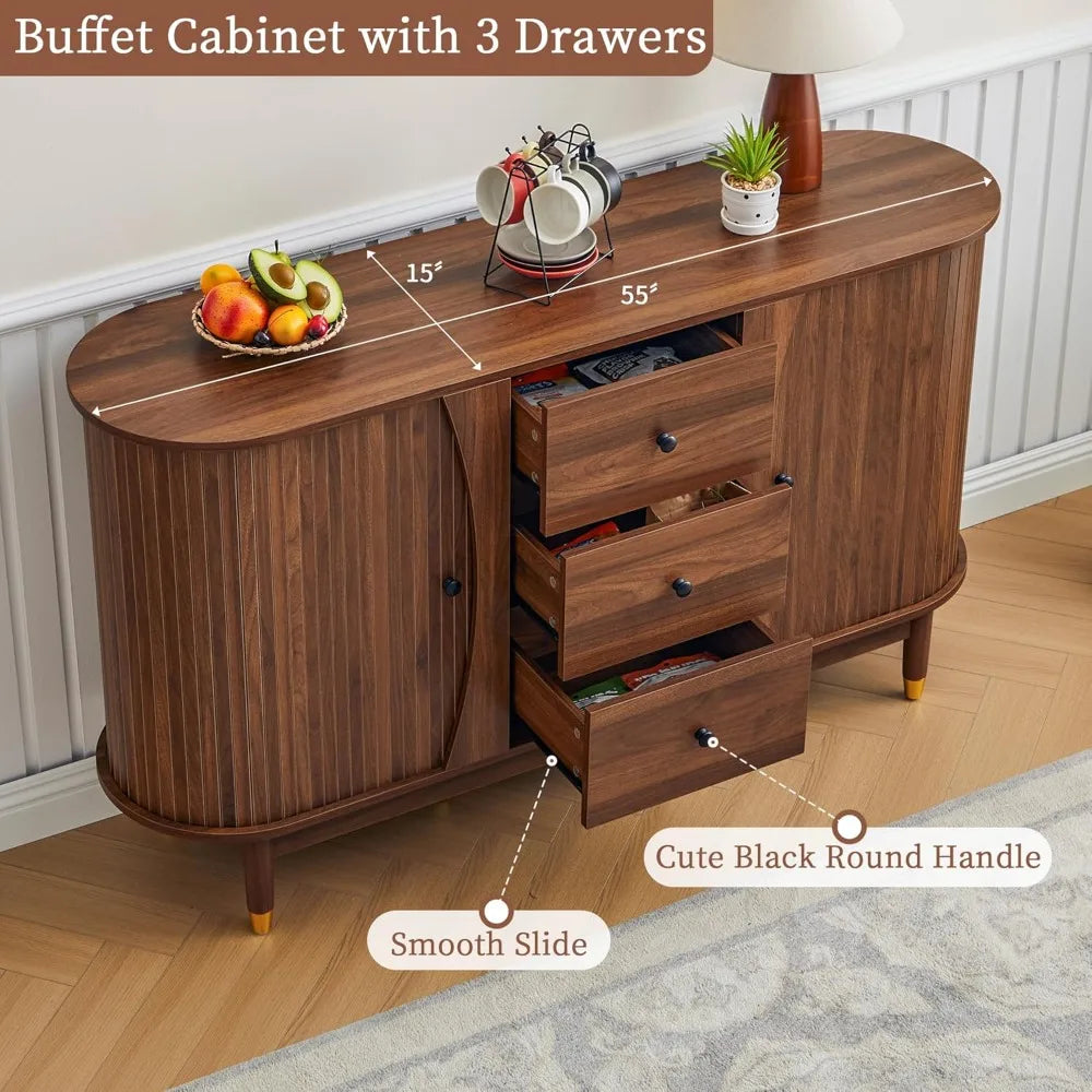 55" Mid‑Century Modern Curved Sideboard Buffet Cabinet with Drawers and Storage