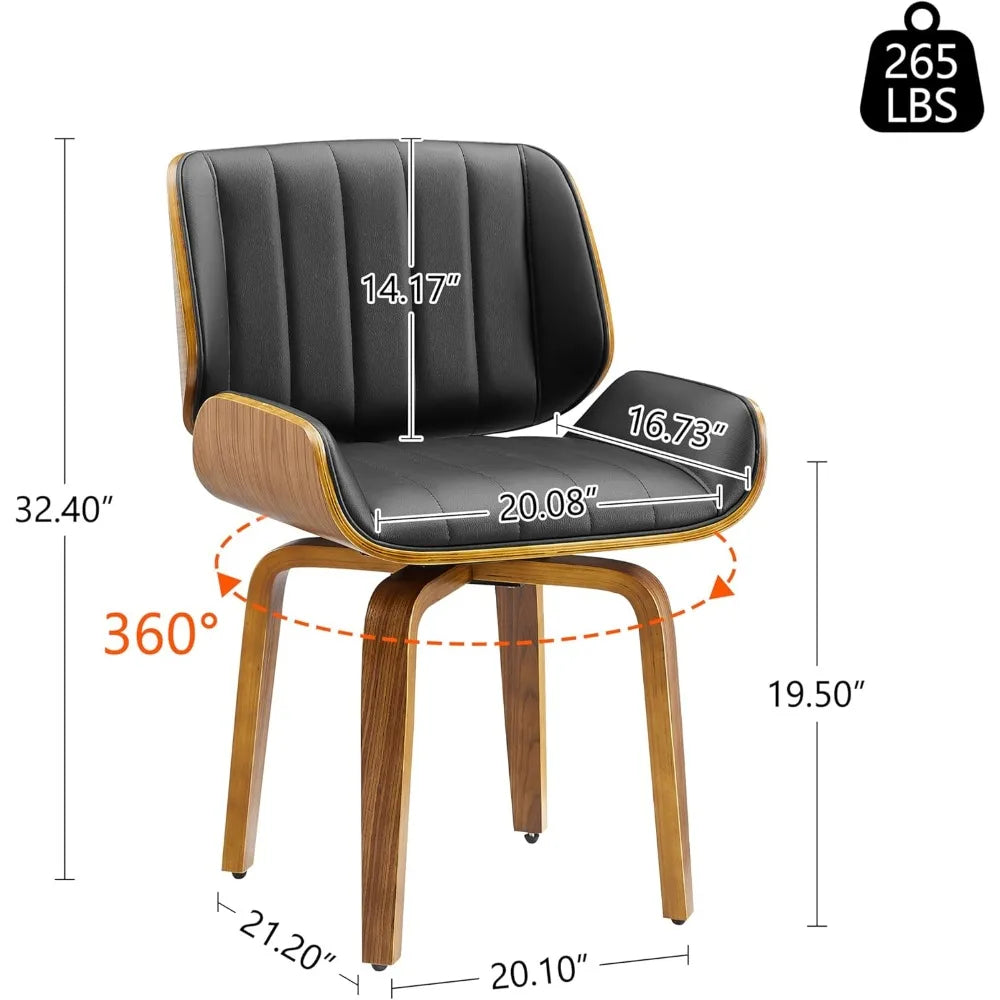 Mid-Century Modern Swivel Desk Chair - Walnut Bentwood & Faux Leather