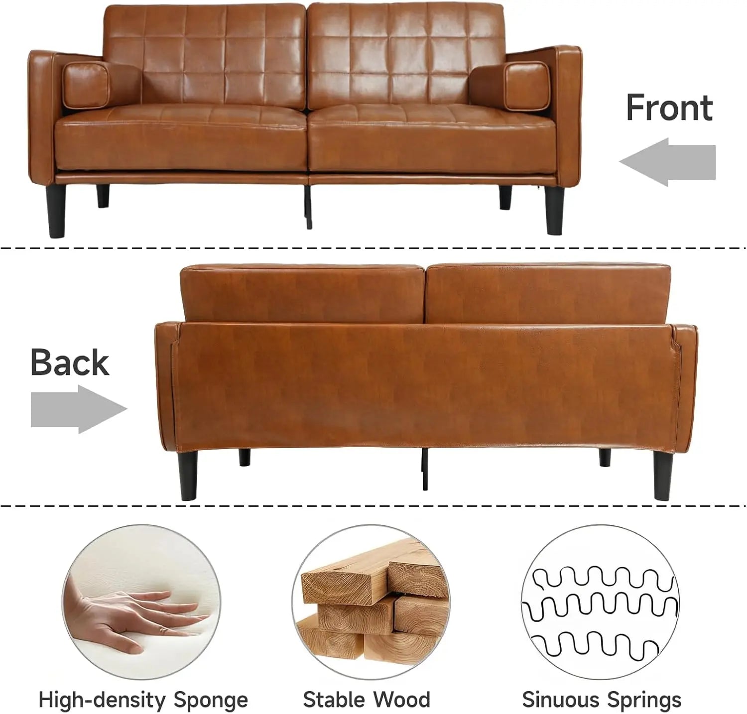 The "Draper" Mid-Century Modern Tufted Sofa | 70" Faux Leather Loveseat | Cognac Brown