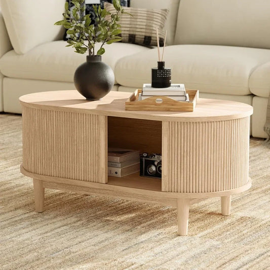 Coffee Table with Sliding Tambour Door – Mid Century Modern Storage Table