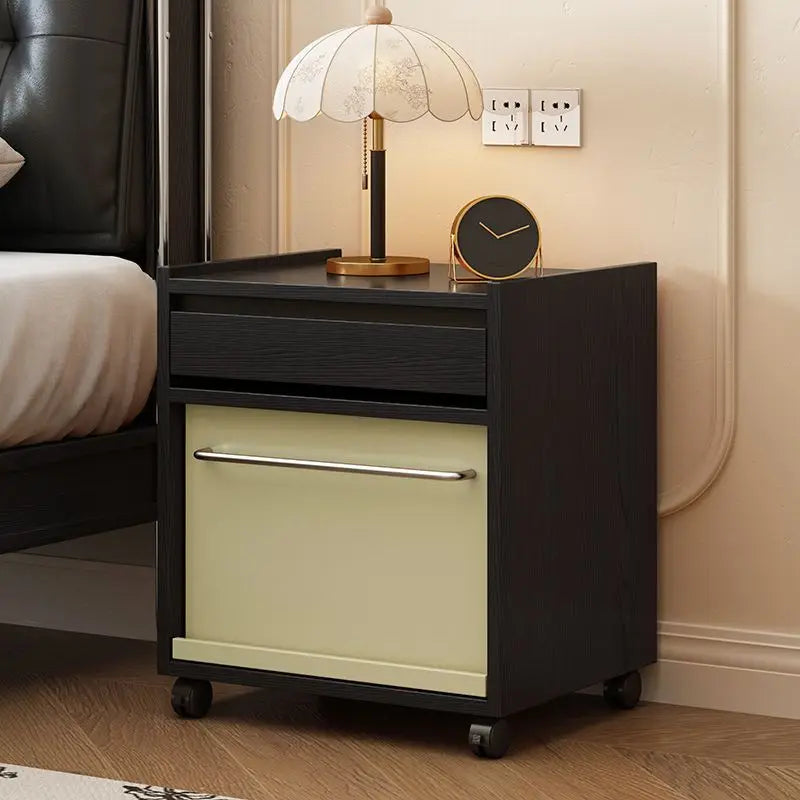 Mid-Century Modern Mobile Nightstand — Solid Wood Bedside Table with Rolling Storage