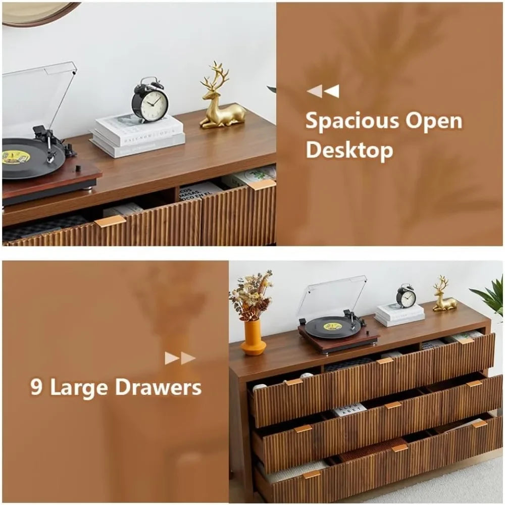 Mid Century Modern Dresser TV Stand, 9 Drawer Dresser for Bedroom Wood
