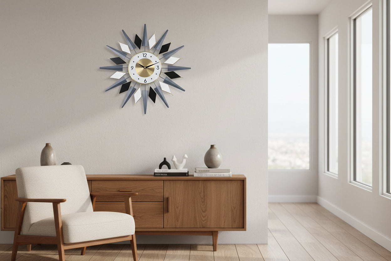 24" Atomic Starburst Wall Clock – Navy, Black & Gold Edition