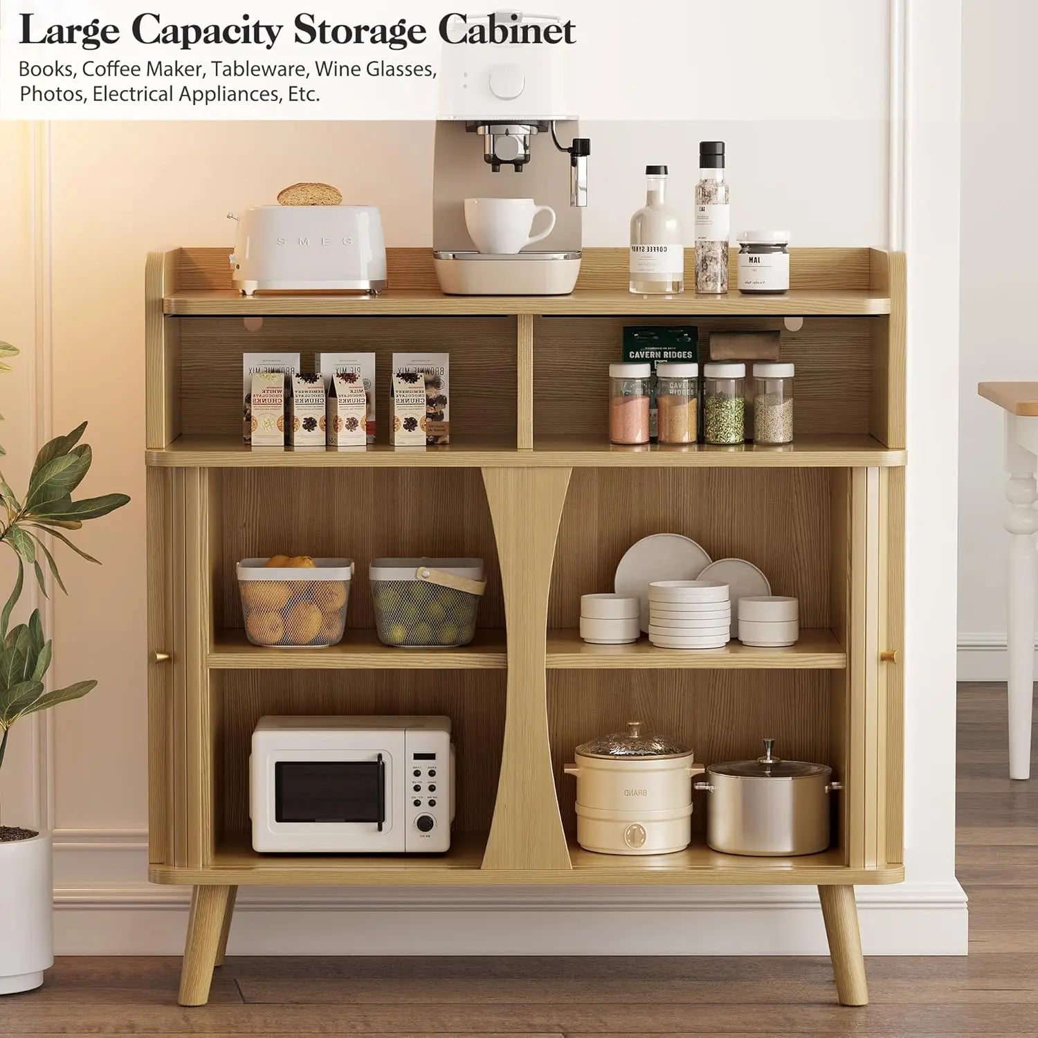 39" Mid‑Century Modern Buffet Sideboard Cabinet with Roller Shutter Sliding Doors & Adjustable Shelves (Oak)