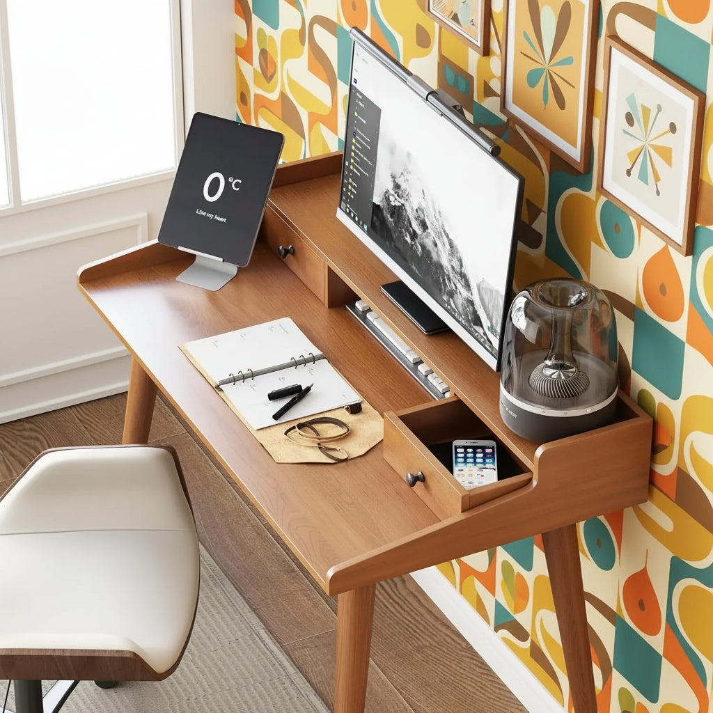 41" Mid-Century Modern Desk with Monitor Stand & Drawers