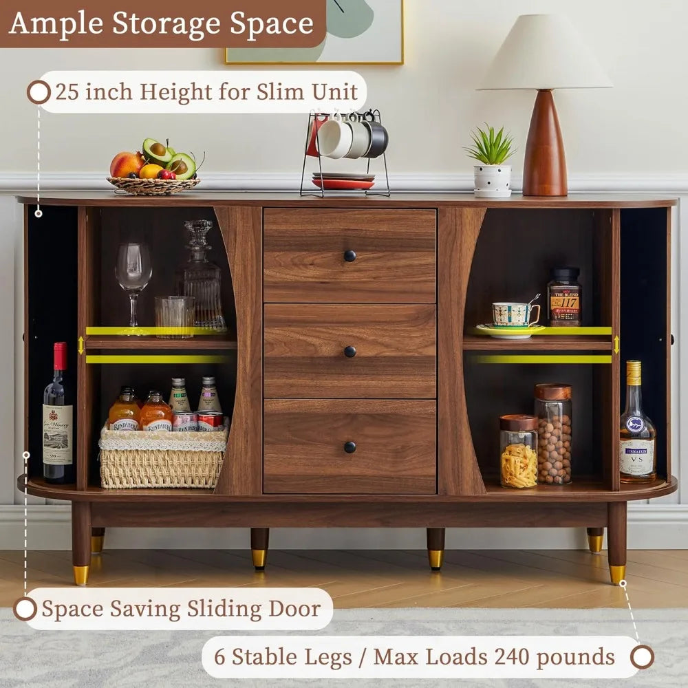 55" Mid‑Century Modern Curved Sideboard Buffet Cabinet with Drawers and Storage