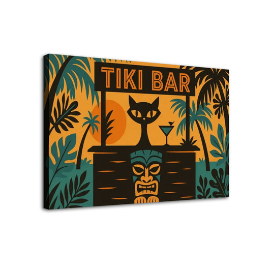 Tiki Bar Cat Canvas Print – Retro Mid Century Modern Wall Art (32"x20")