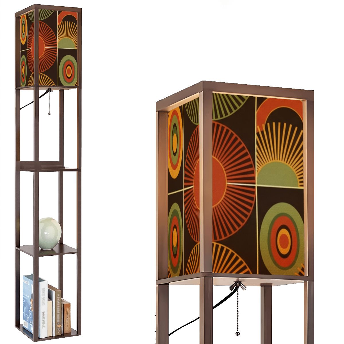 “Sunburst Spectrum Tower Lamp” — Mid‑Century Modern Floor Lamp with Shelves + Retro Radial Panels
