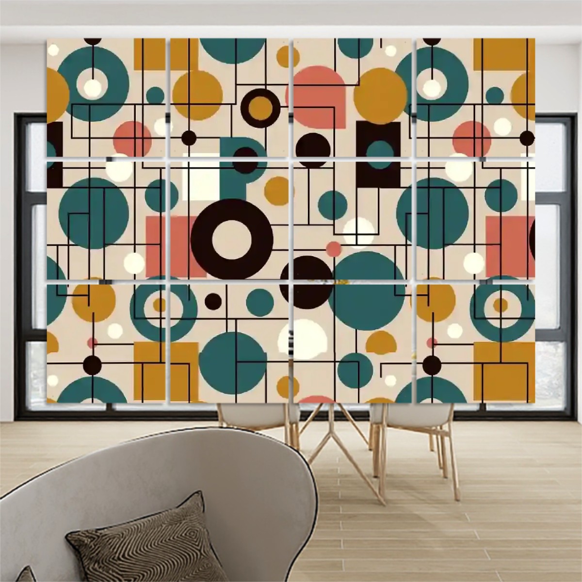 The "Atomic Grid" Hanging Room Divider – 12-Piece Mid-Century Modern Geometric Panel Screen & Wall Art