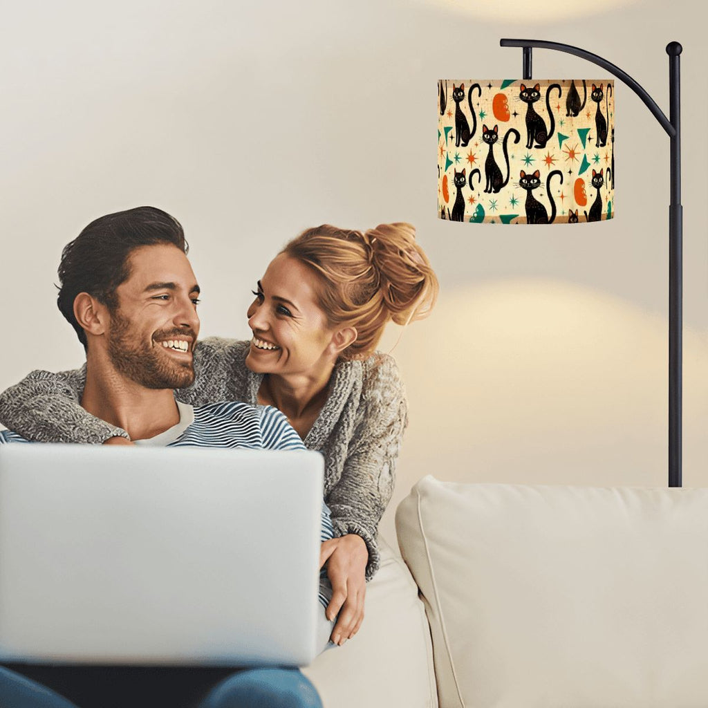 “Midnight Familiar” Arc Floor Lamp — Celestial Cat Shade + Smart LED