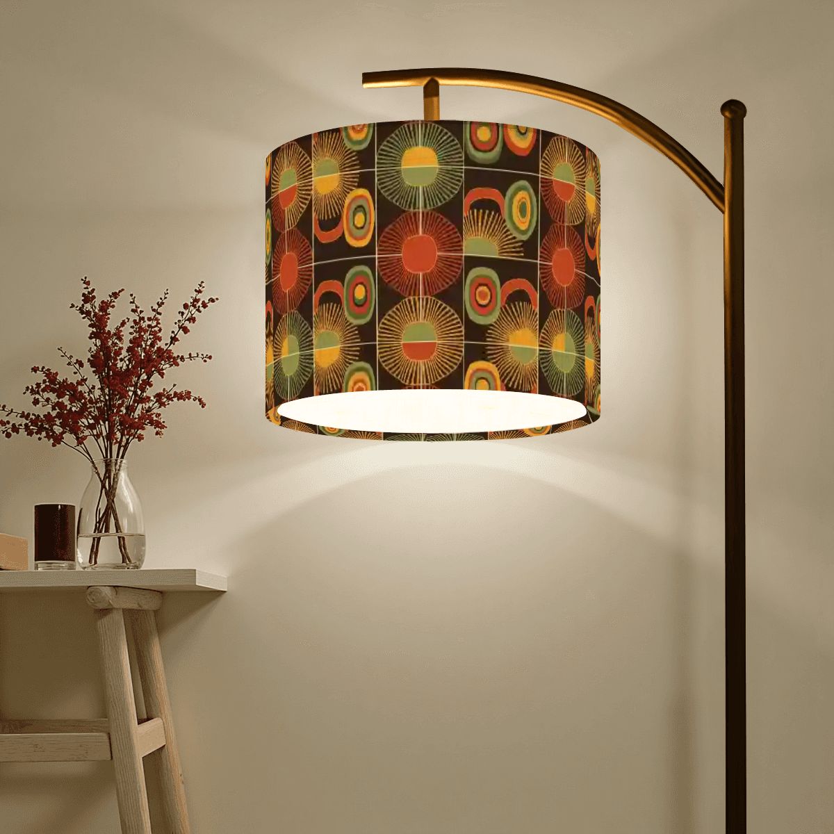“Hearthstone Mod” Arc Floor Lamp — Warm Abstract Retro Shade + Smart LED