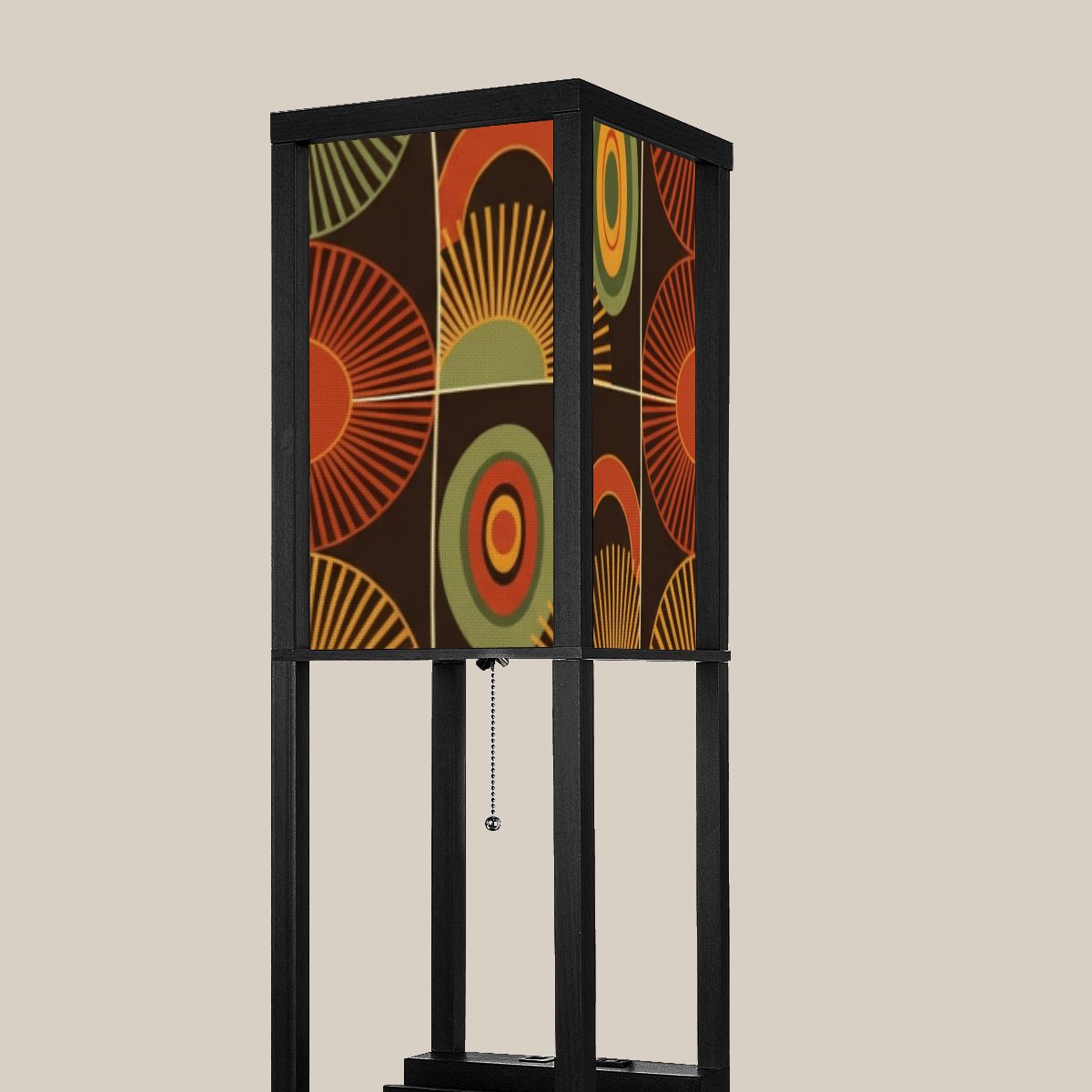 “Sunburst Spectrum Tower Lamp” — Mid‑Century Modern Floor Lamp with Shelves + Retro Radial Panels
