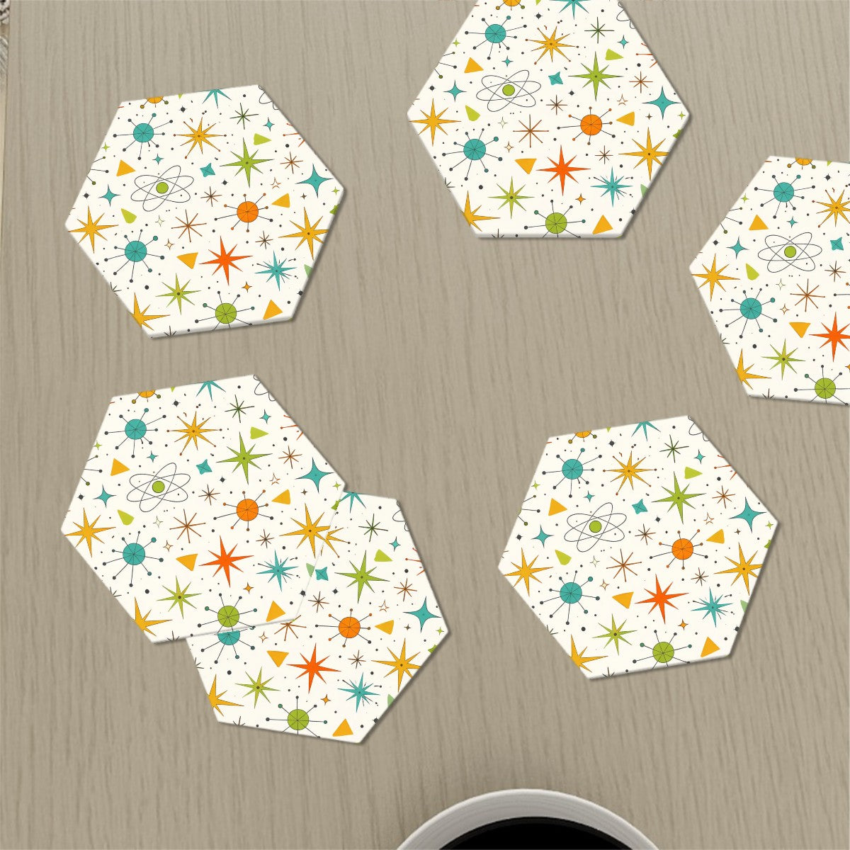 Hexagon Ceramic Coasters Set of 6 – Mid‑Century Modern Print Edition