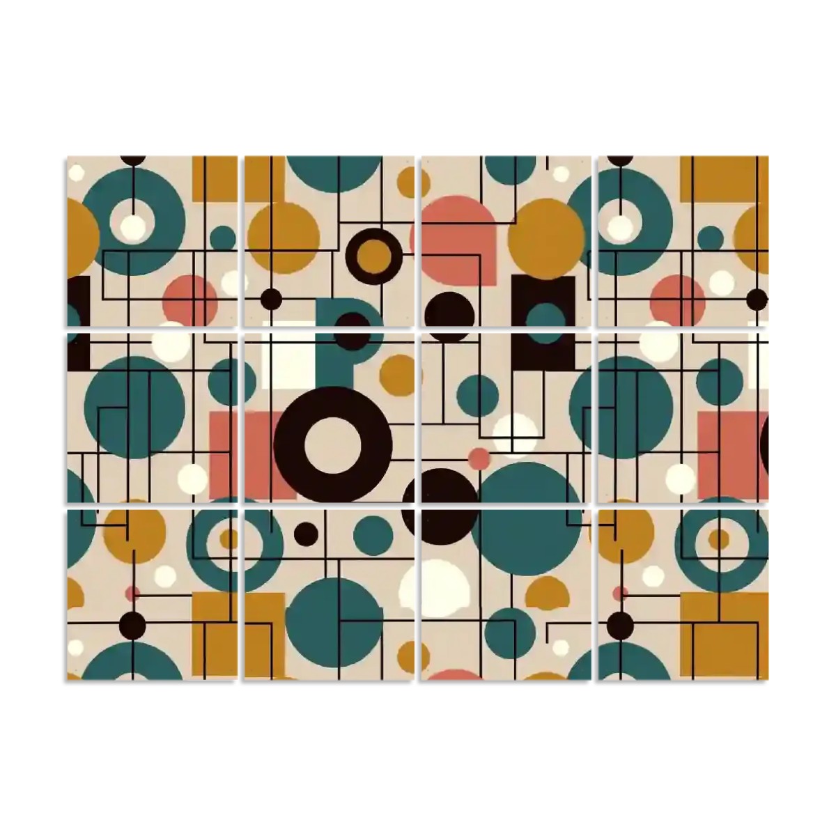 The "Atomic Grid" Hanging Room Divider – 12-Piece Mid-Century Modern Geometric Panel Screen & Wall Art