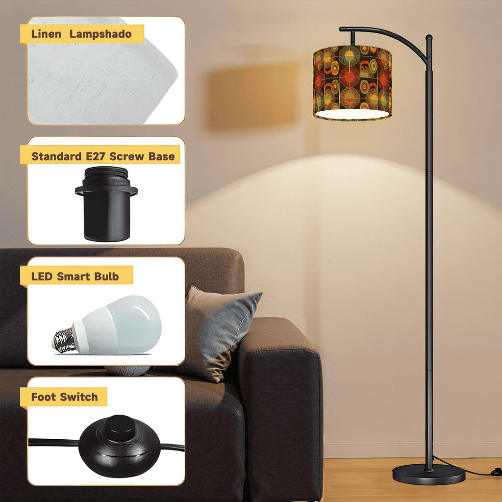 “Hearthstone Mod” Arc Floor Lamp — Warm Abstract Retro Shade + Smart LED