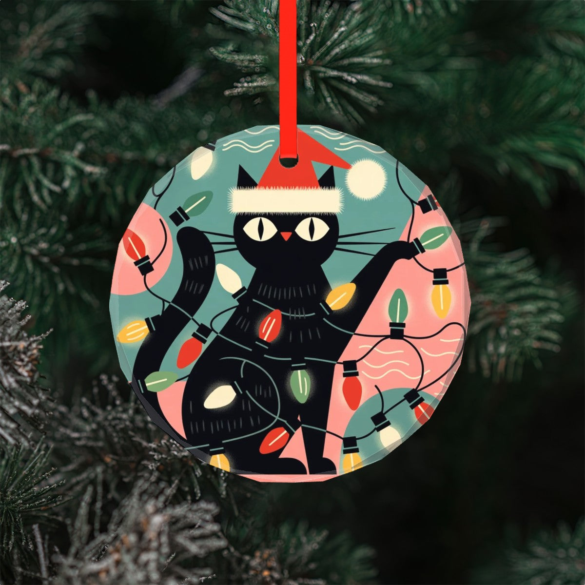 🐾 Atomic Cat Glass Ornament – Mid-Century Holiday Charm