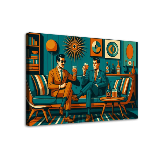 Mid Century Lounge Canvas Wall Art – Retro Teal Tones (32"x20")