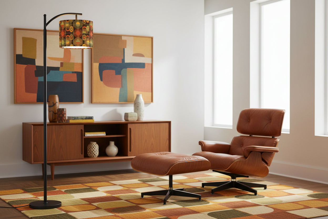 “Hearthstone Mod” Arc Floor Lamp — Warm Abstract Retro Shade + Smart LED