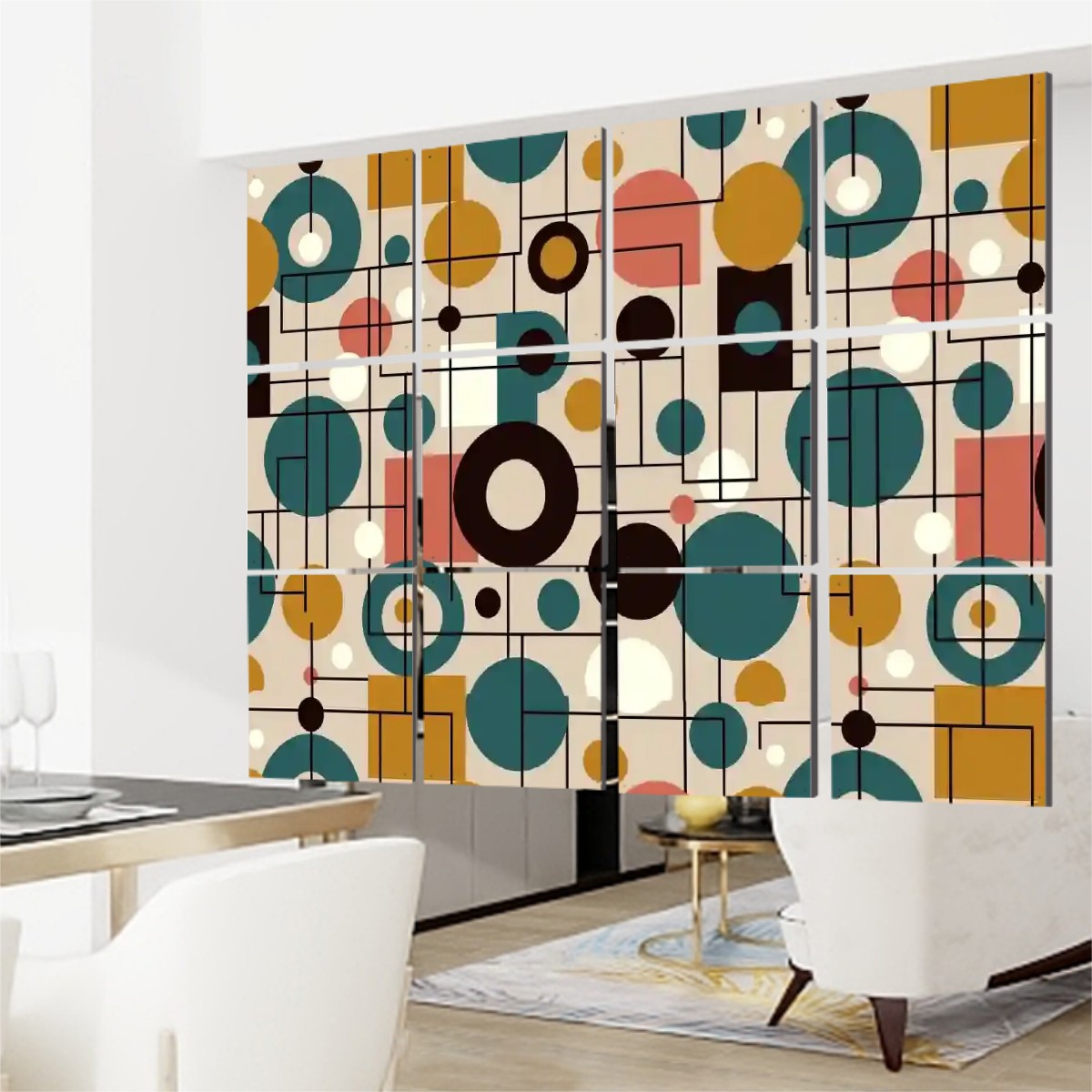 The "Atomic Grid" Hanging Room Divider – 12-Piece Mid-Century Modern Geometric Panel Screen & Wall Art