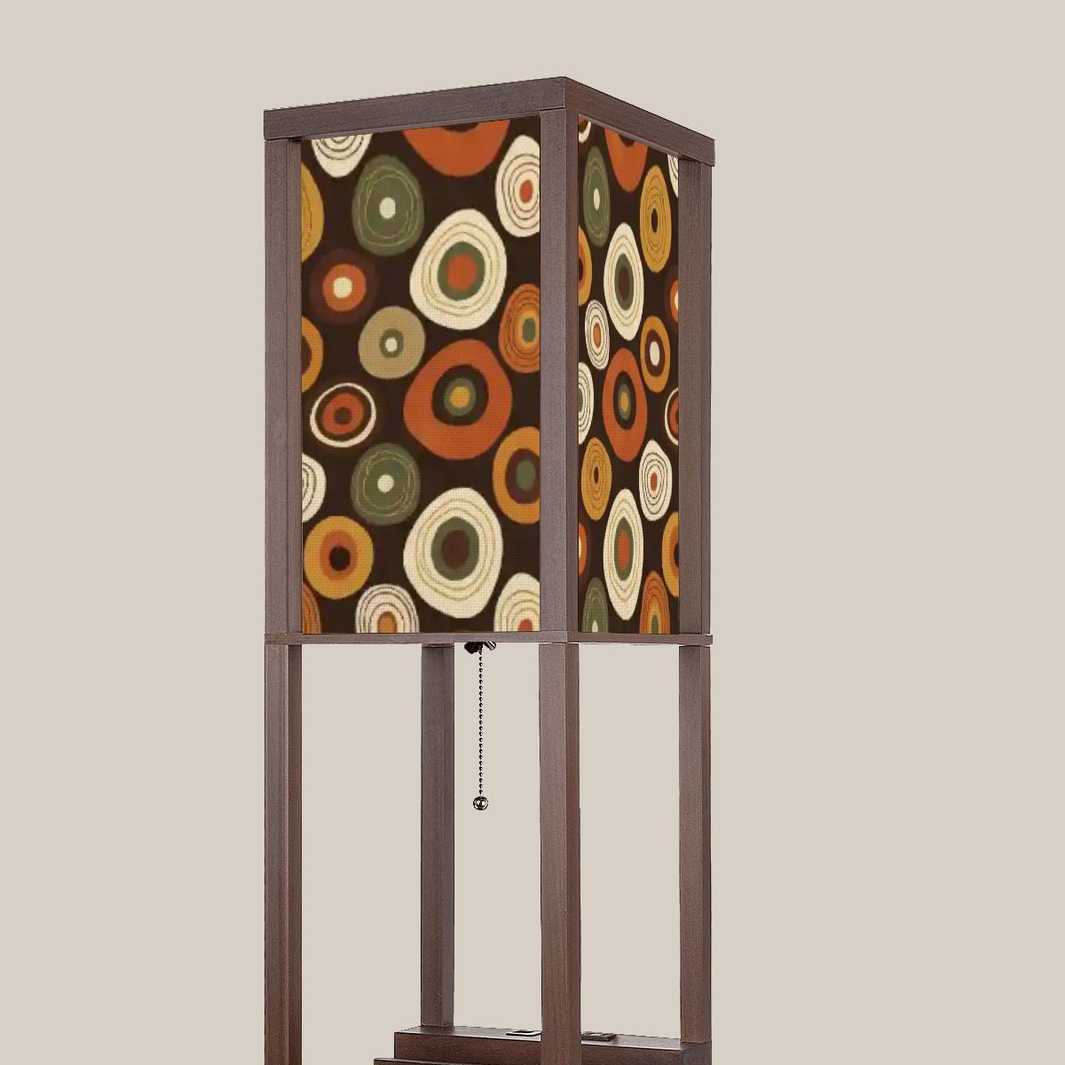 “Orbit Ember Tower Lamp” — Mid‑Century Modern Floor Lamp with Shelves + Retro Circle Panels