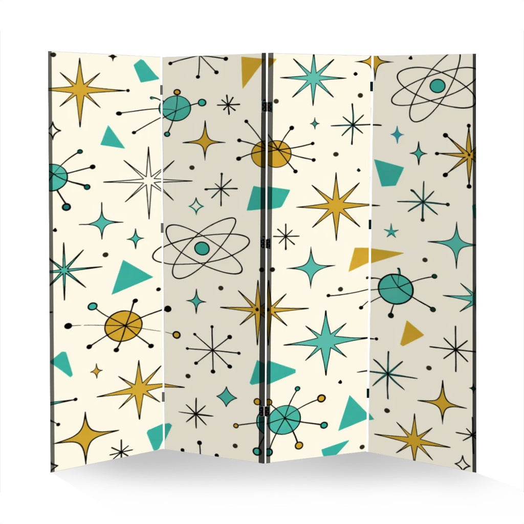 The "Atomic Starburst" 4-Panel Room Divider – Mid-Century Modern Folding Screen with Vintage Googie Pattern
