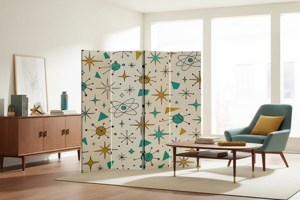 The "Atomic Starburst" 4-Panel Room Divider – Mid-Century Modern Folding Screen with Vintage Googie Pattern