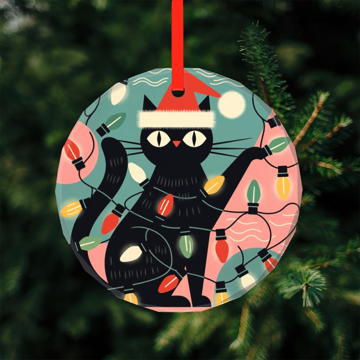 🐾 Atomic Cat Glass Ornament – Mid-Century Holiday Charm